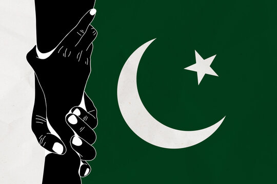 Helping hand against the Pakistan flag. The concept of support. Two hands taking each other. A helping hand for those injured in the fighting, lend a hand