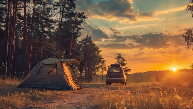 A camping tent and car in a national park at sunset with mountain landscape. Family vacation, nature, camping concept. Disconnect, quality time. Animated 3D illustration