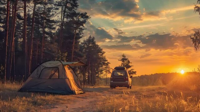 A camping tent and car in a national park at sunset with mountain landscape. Family vacation, nature, camping concept. Disconnect, quality time. Animated 3D illustration