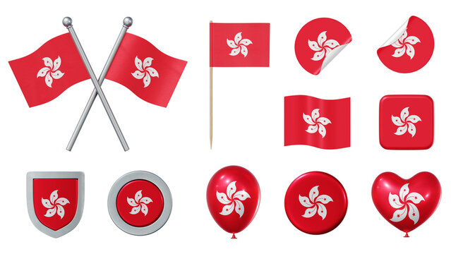 Set of objects with flag of Hong Kong isolated on transparent background. 3D rendering