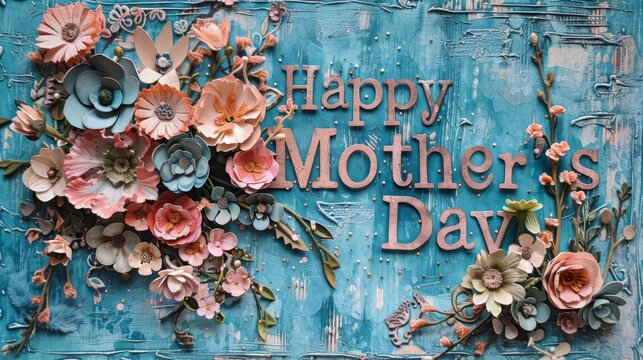 A blue background with flowers and the words Happy Mother's Day