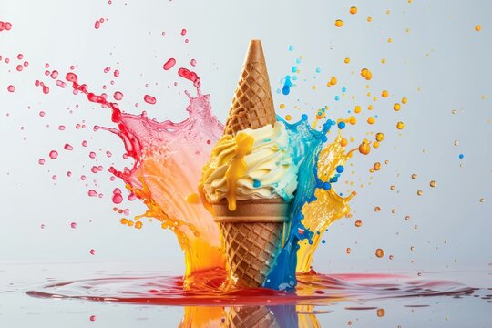 Ice cream cone with colorful liquid splash