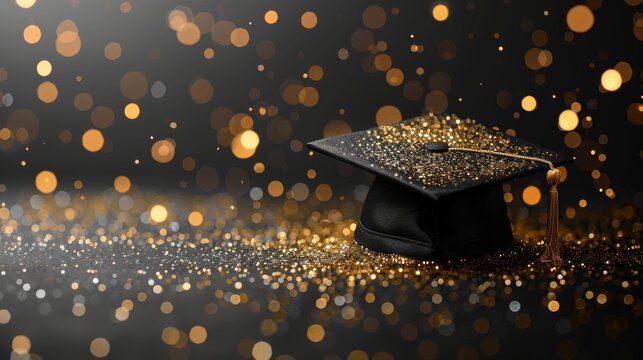 Graduation background with graduate cap, black and gold color, glitter dots on a white golden line striped background. Hat thrown up. Modern illustration.