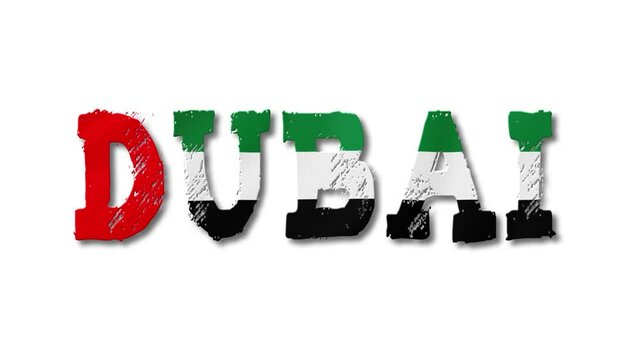 Dubai Text with UAE Flag Waving Inside. Seamless Loop Animation on Transparent Background.