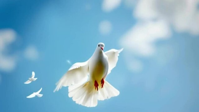 A white dove flies into the sky. Symbol of peace. Flapping of wings