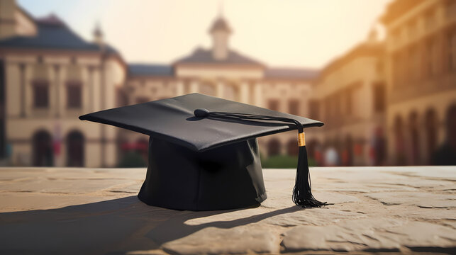 Black graduation cap with blurred background of university building, close-up