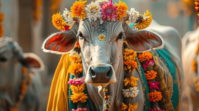 A cow is wearing a flower crown and is surrounded by flowers