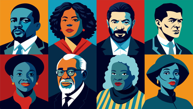 Photographs of significant historical figures flash across the screen reminding viewers of the contributions and sacrifices of black activists.. Vector illustration