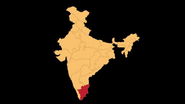 Tamil Nadu map animated video. Tamil Nadu location in India highlighted colour with transparent background in video format. Map animation video.