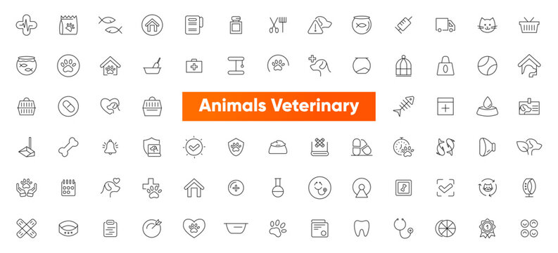 Veterinary, pet, vet, pet shop, dog care, training, cat, food line icons set collection. Outline icon collection. Pets line icons. Lovely animals icon pack. Vaccine, pet care, and dog paw.