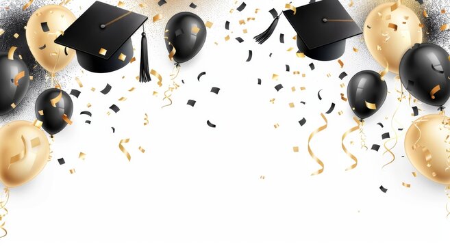 Falling black and gold graduation caps background with confetti and balloons on white background Generative AI