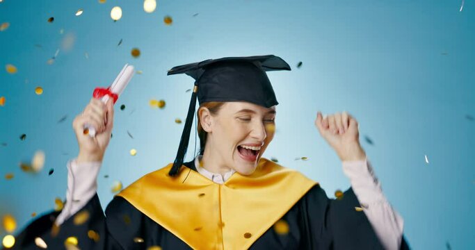 University, graduation or woman face in confetti dance celebration in studio for education, success or goal on blue background. College, glitter or graduate student with certificate, award or freedom