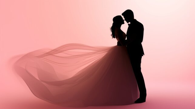 Bride and groom sharing a tender dance isolated on a romantic gradient background