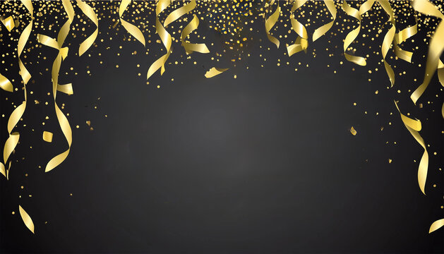 Black background or backdrop with gold golden streamers and confetti.