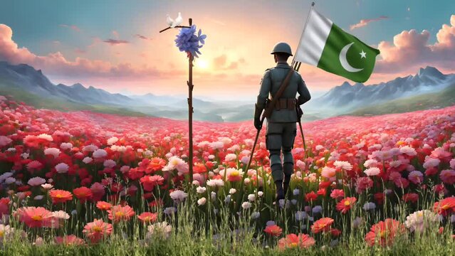 Soldier holding Pakistani flag with doves on flowering hills