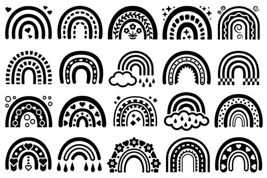 Black and white Boho rainbows set. Collection of decorative, stylized Bohemian rainbows with hearts, flowers, clouds and geometric shapes.