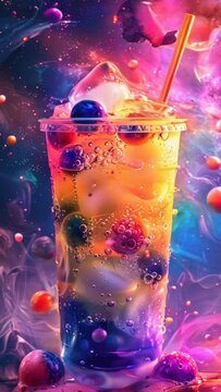 Iced bubble tea on wooden table in cafe. Fashionable modern coffee shop. Food photography. Asian beverage with ice, and tapioca balls in disposable cup. Tasty cold sweet colorful drink with berries.