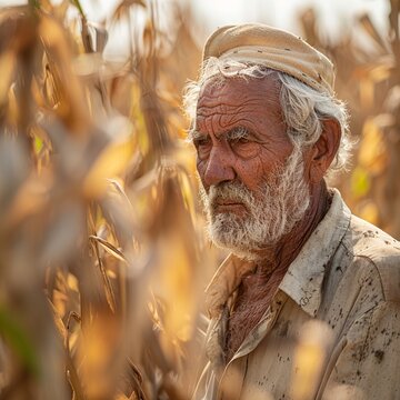 A poignant photograph shows a farmer in tears amidst his barren wheat field, with cracked, dry earth extending into the distance.