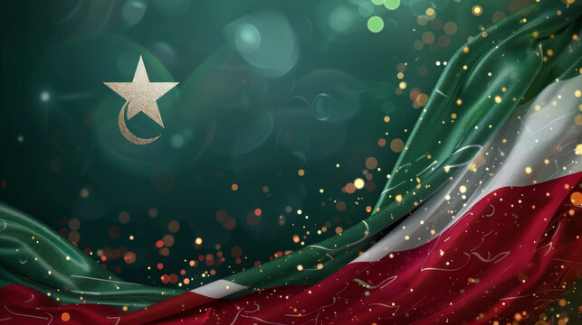 Vibrant depiction of the flag of Pakistan, set against a sparkling, starry green background.