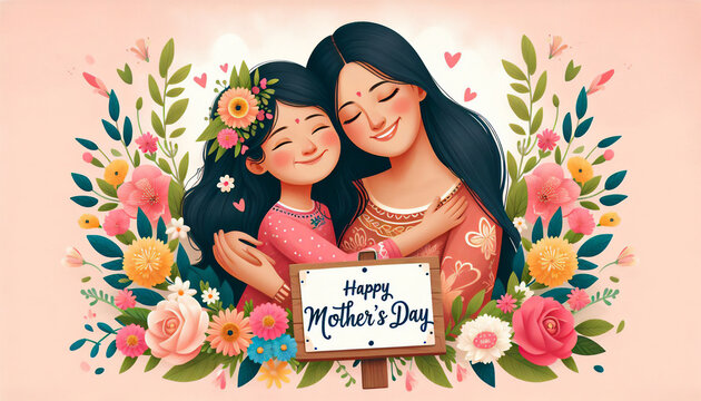 Watercolor banner of Indian mother and daughter enjoying hugs on Mother's Day. Mother's Day celebration card in India. Mother's day watercolor style colorful floral poster