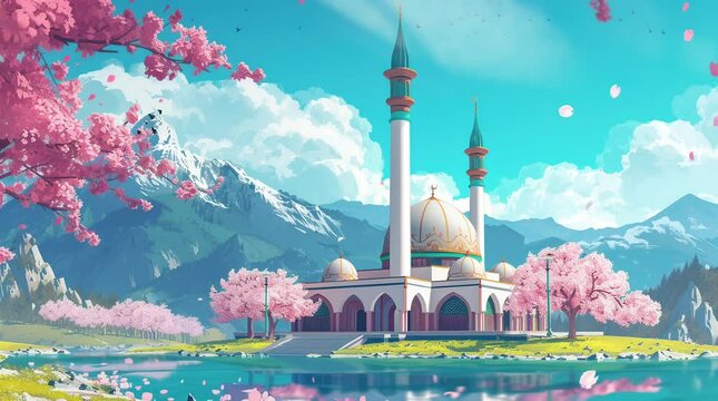 Mosque with Sakura Tree on a Sunny Day. Serene Scene Blending Cultural and Natural Beauty.
Seamless looping 4k time-lapse virtual video animation background. Generated AI