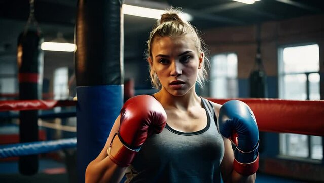 Young woman boxing training in boxing arena at the gym