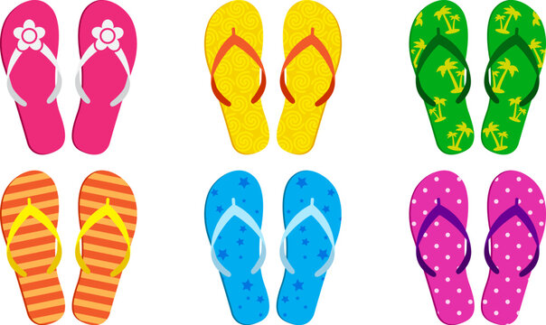 Summer beach slipper, flip flop vector icon, sand sandal, pool shoe set, cartoon rubber footwear isolated on white background. Colorful comic illustration