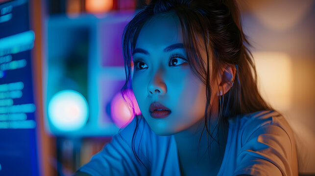 Inclusive candid image of a young female it developer working remotely from home. Asian woman analysing cyber security threats caused by artificial intelligence robots. AI generated