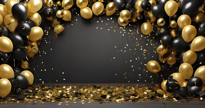 gold black balloon confetti background for graduation birthday happy new year opening sale concept, usable for banner poster brochure ad invitation flyer ... See More
