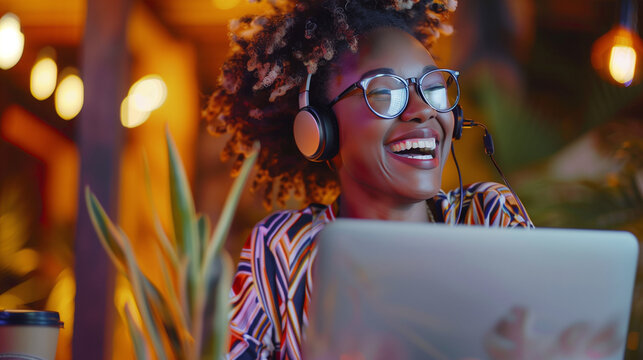 Inclusive image of happy black female digital nomad working remotely on laptop. Smiling candid african american laughing on virtual video call meeting. Inclusive & flexible workplace