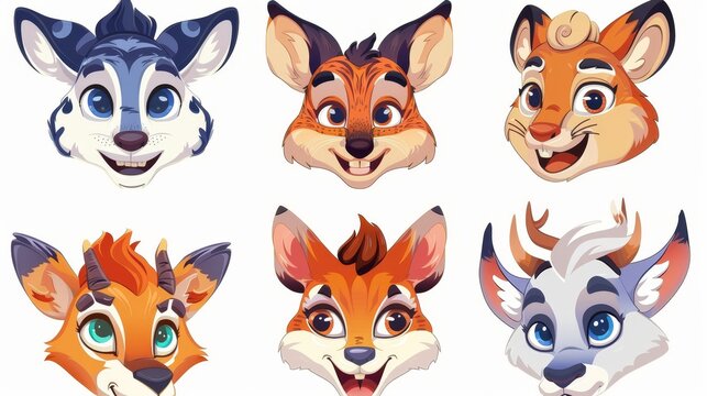 Social media face masks, selfie photos and video chat filters. Cartoon modern set of cute tiger, rabbit, fox and cow or deer muzzles, ears, noses and fur elements on white background.