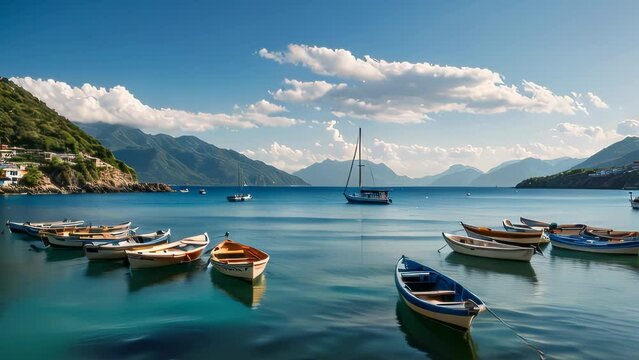 Video animation of multiple boats gently floating on the water’s surface. In the background, majestic mountains rise under a clear blue sky adorned with scattered clouds