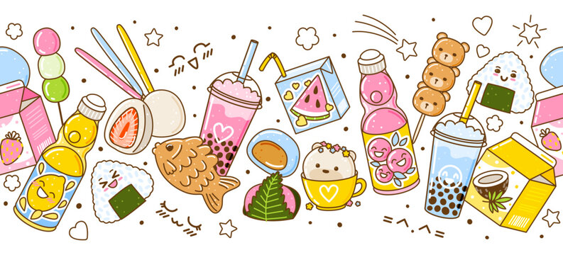 Seamless horizontal border with cute asian food elements - cartoon illustration of traditional japanese sweets and drinks isolated on white background for Your kawaii design