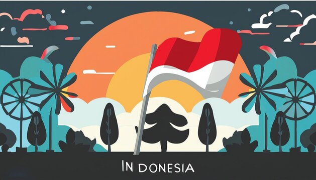 Indonesian republic independence banner with Indonesian cultural silhouette ornaments in identical red and white colors like the Indonesian flag