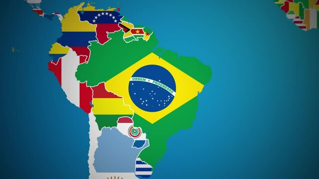 Brazil with flag country nation outline world map motion graphics animation