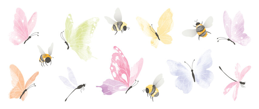 Set of insects garden elements vector. Collection of dragonfly, bee and butterfly colorful. Watercolor insects illustration design for logo, wedding, invitation, decor, print, card.