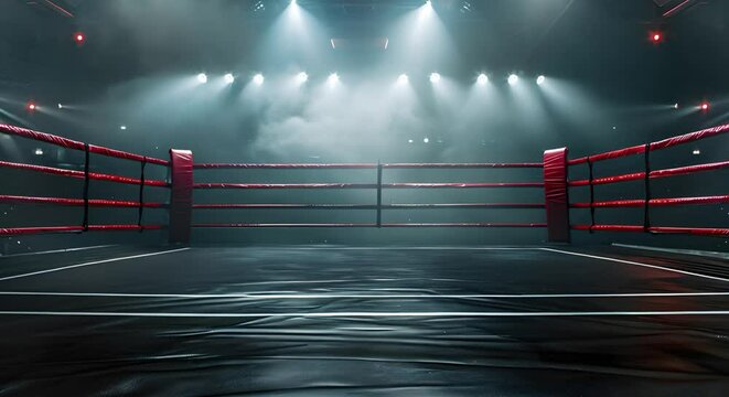 Dark boxing ring in empty arena set for intense sports competition. Concept Sports Competition, Dark Atmosphere, Boxing Ring, Empty Arena, Intense Setting