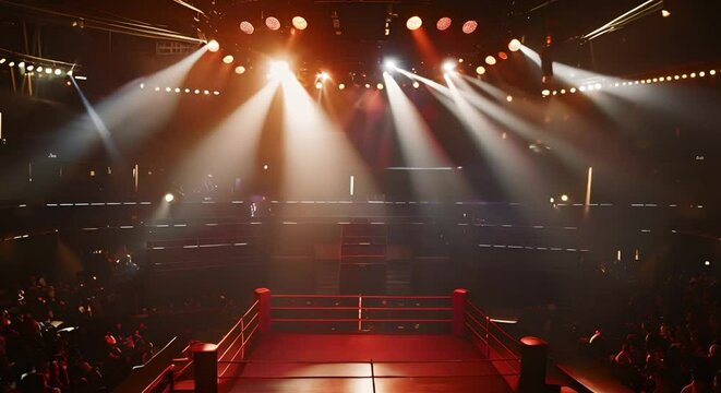 Professional boxing arena with empty ring spotlight and engaged viewers. Concept Boxing Match, Empty Ring, Spotlight, Engaged Viewers, Professional Arena