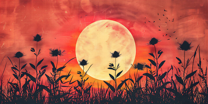 Artistic Water Painting of weeds flowers silhouette against sun at sunset or sunrise. Summer and Asian wallpaper with copy space.