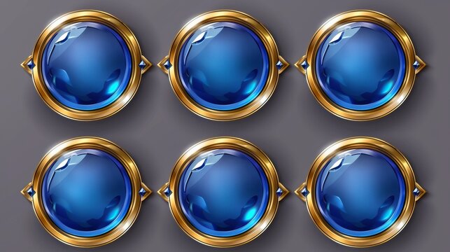 The game buttons are blue and the award badges have gold frames. Modern cartoon set of round icons with gold borders. The circle award labels are isolated on a white background.