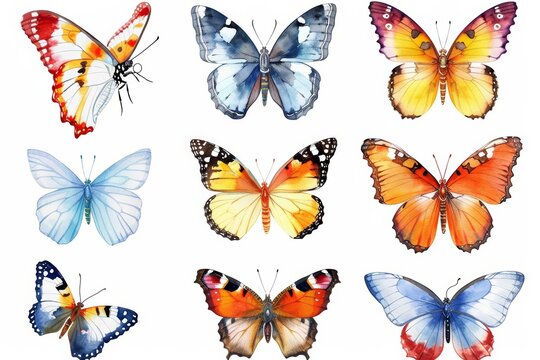 A set of watercolors of various butterflies, from monarchs to swallowtails, showcasing the magic of metamorphosis, each butterfly set as detailed clipart isolated on white