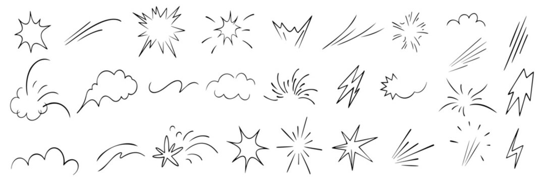 comic speed lines and clouds design element collection. Manga or anime comic emoticon element graphic effects hand drawn doodle vector