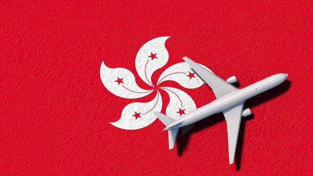 Hong Kong National Flag And Airplane Fly. Aircraft Flies To Country. Flight And Travel Concept