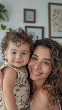 A joyful mother and daughter moment captured in a home setting with the mother's loving smile and the child's innocent gaze.