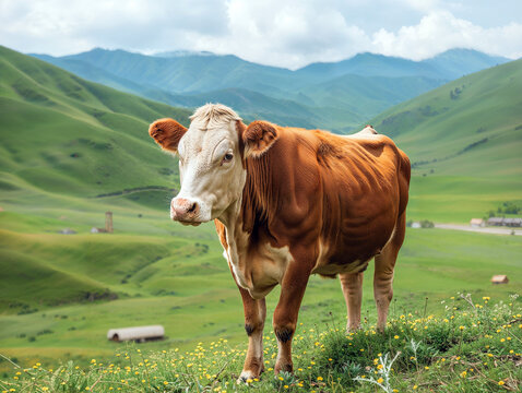 A cow stands on the green grass of the Mountain, A speechless beauty!  High-definition photos showcase its charming side profile and majestic figure against the backdrop of rolling hills.  