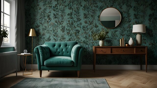 Chair and turquoise sofa in green living room interior with leaves wallpaper and table. Real photo Generative AI