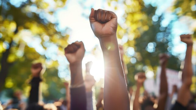 Explore the theme of protest and advocacy by photographing a crowd of demonstrators marching in solidarity with raised fists, demanding justice and equality on Juneteenth