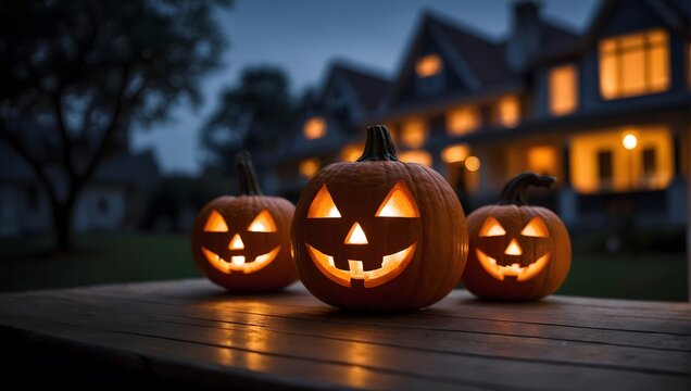 Pumpkin lantern with blurred background of house terrace at night for halloween decoration. Ai Generative.