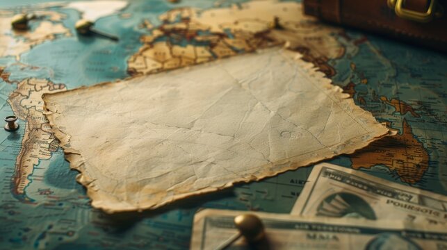 A closeup of an old, faded map with the background blurred to emphasize the blank paper in front