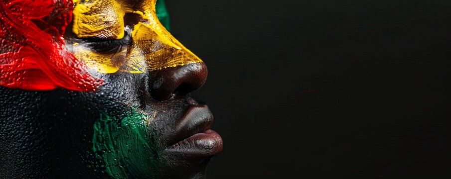 closeup of side profile black american african people with body face painting. background for commemorate freedom from slavery in America. Juneteenth celebrate photo concept.